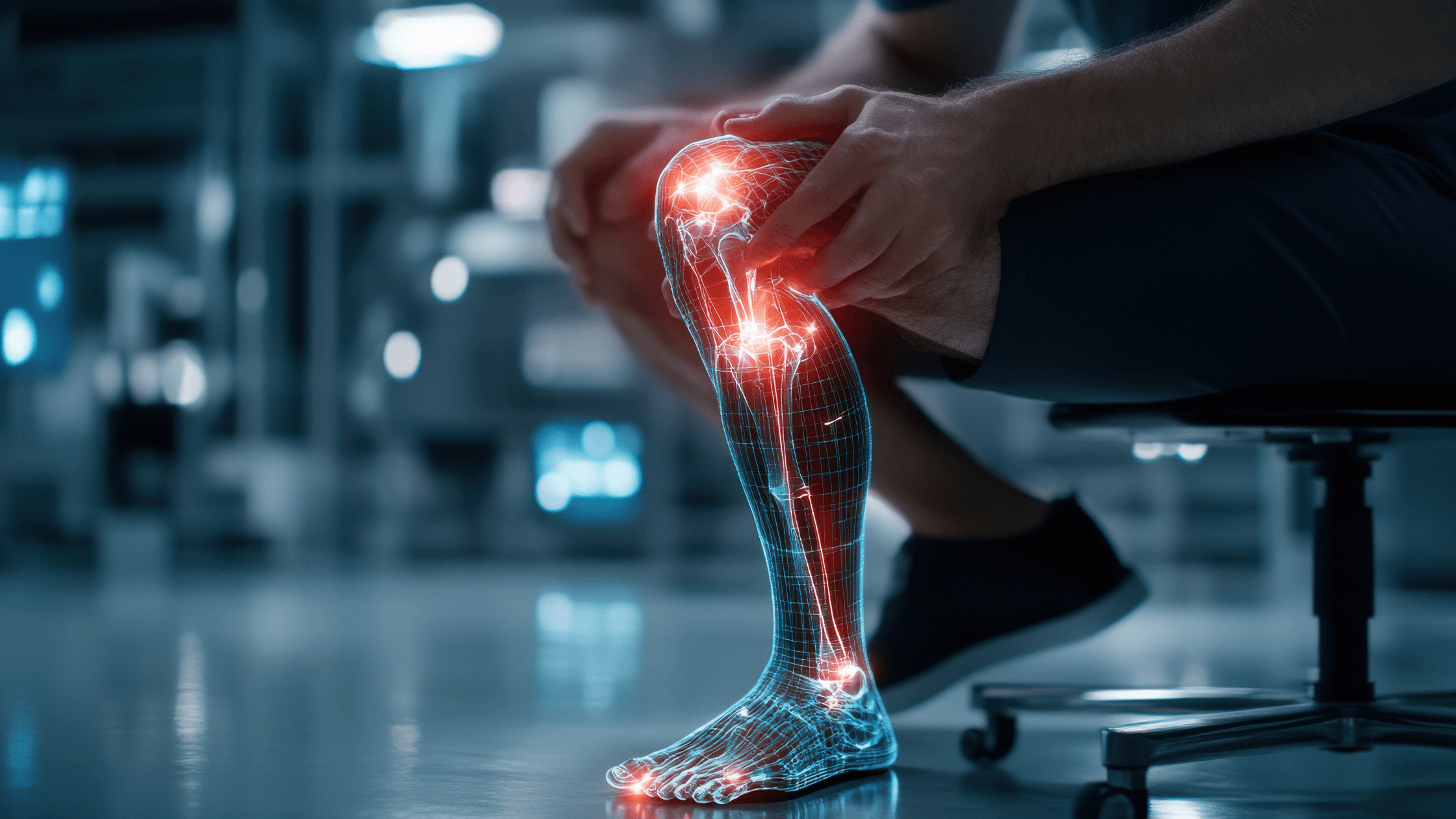 A digitally enhanced image of a man sitting, showing a glowing red nerve diagram overlaid on his leg and foot, illustrating pain, inflammation, or damage in the peripheral nerves (e.g., neuropathy or sciatica).